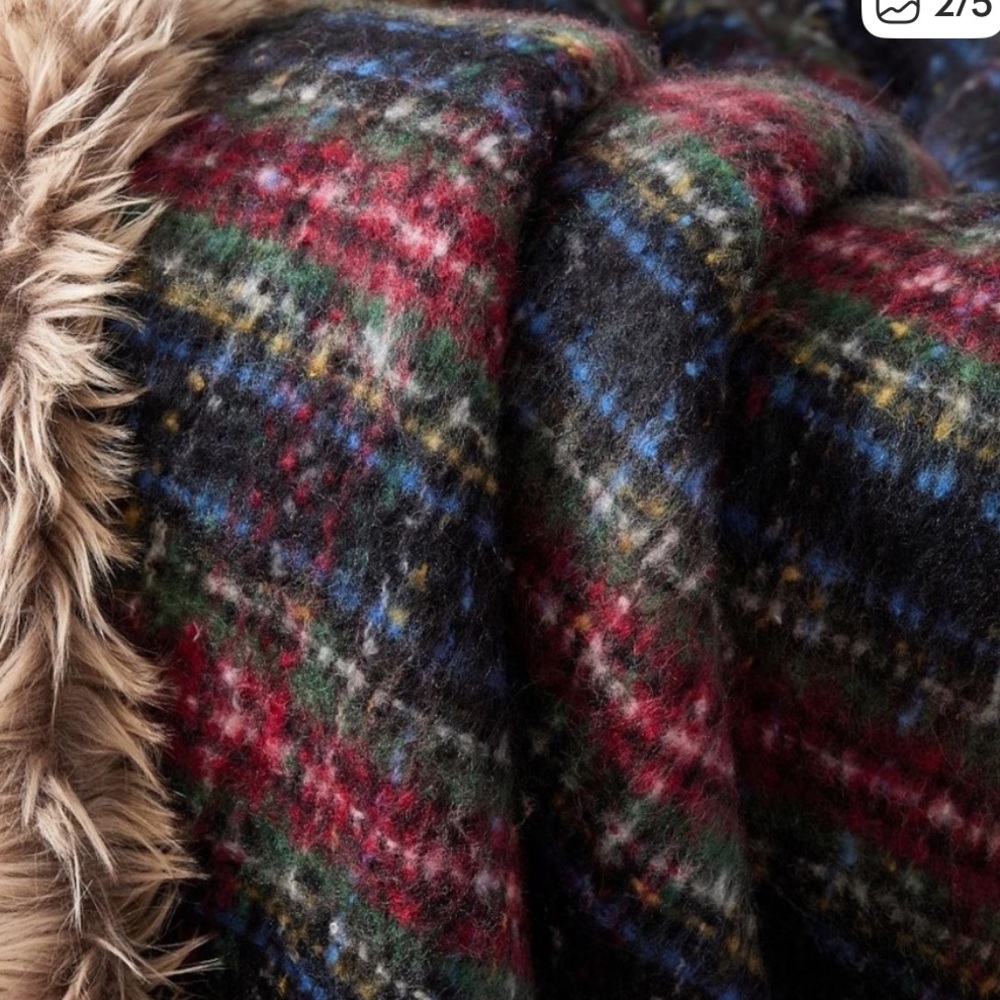 Pottery Barn Stewart Plaid Faux Fur Throw Blanket black/navy/red - Picture 3 of 5